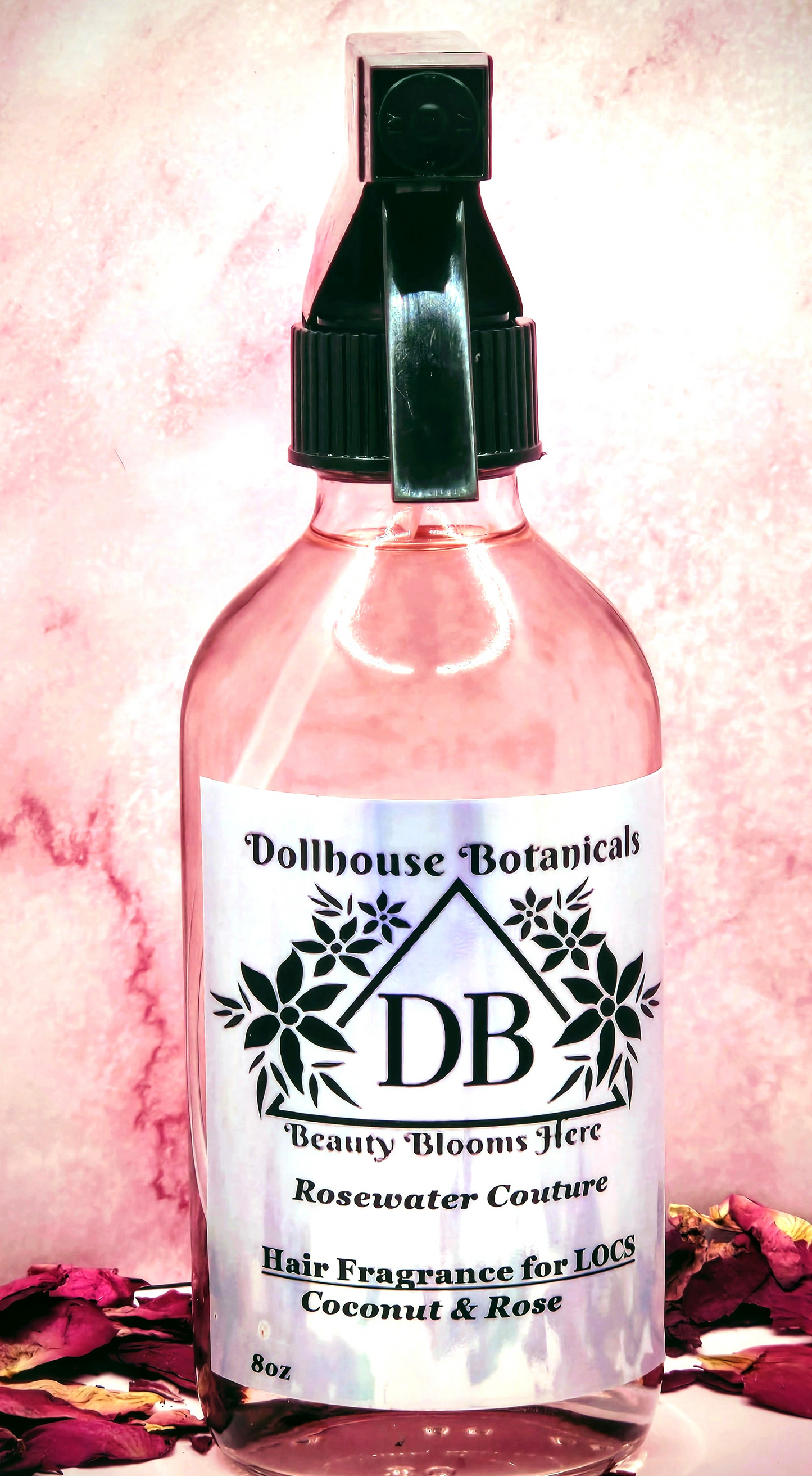 Dollhouse Botanicals Rosewater Couture Hair Fragrance for locs botanical oil fragrance for hair in pink glass bottle with black sprayer