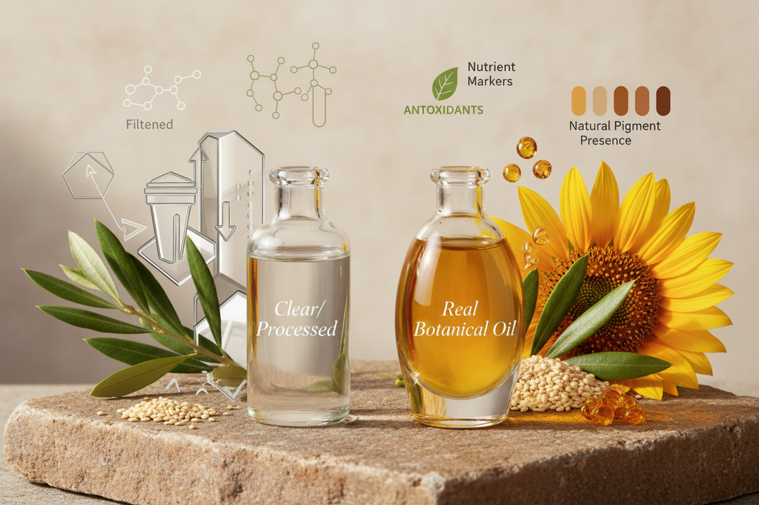 bottle of clear oil and bottle of golden brown oil