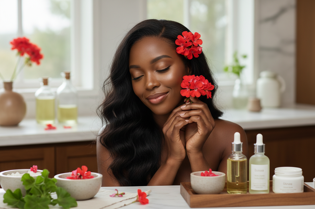  woman using holding flowers sitting near skincare oils on table