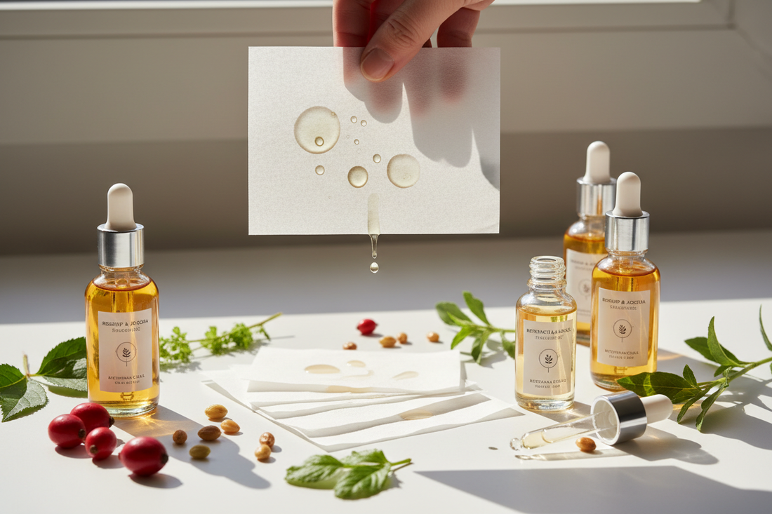 oils dripping off of paper being held up by hand over oils in bottle sitting on white surface