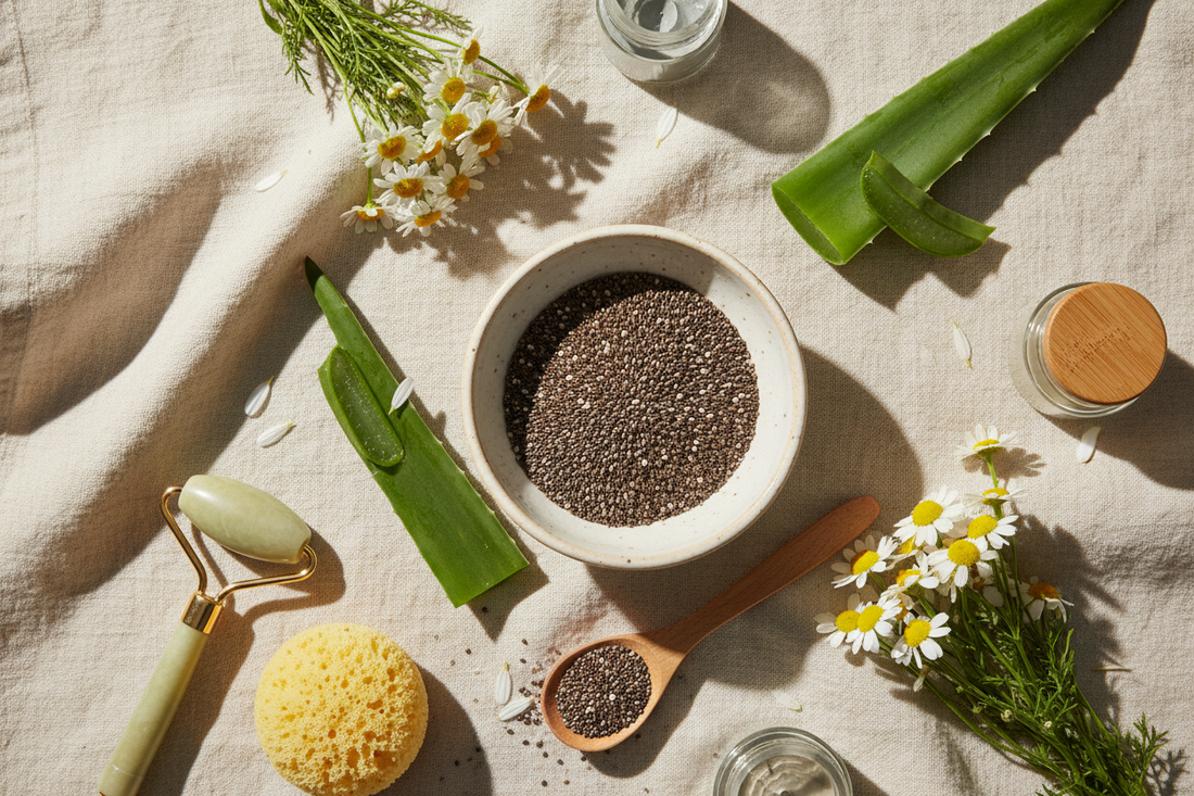 bowl of chia seed sitting on white cloth with botanicals