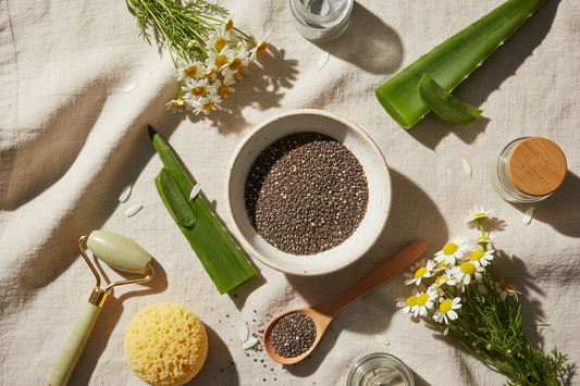 bowl of chia seed sitting on white cloth with botanicals