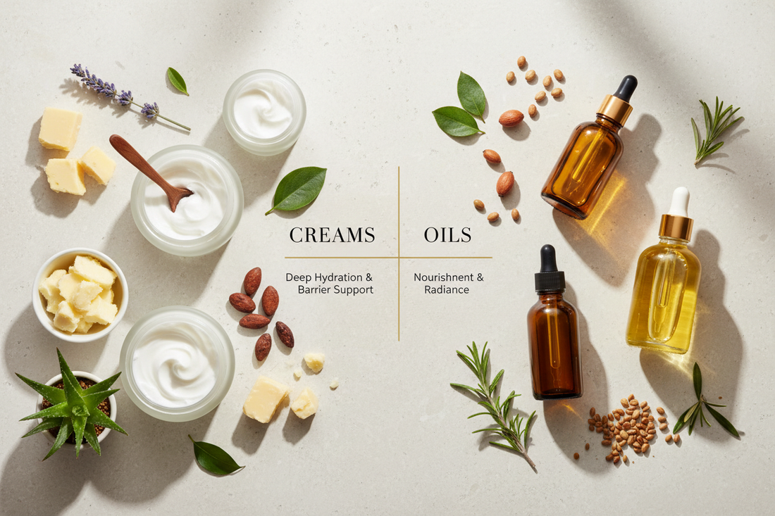 Jars of creams on left and bottles of oils on right