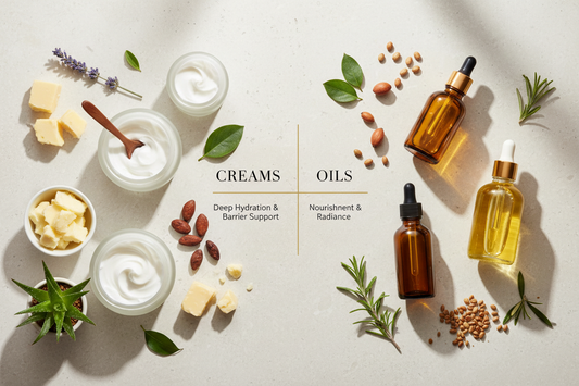 Jars of creams on left and bottles of oils on right