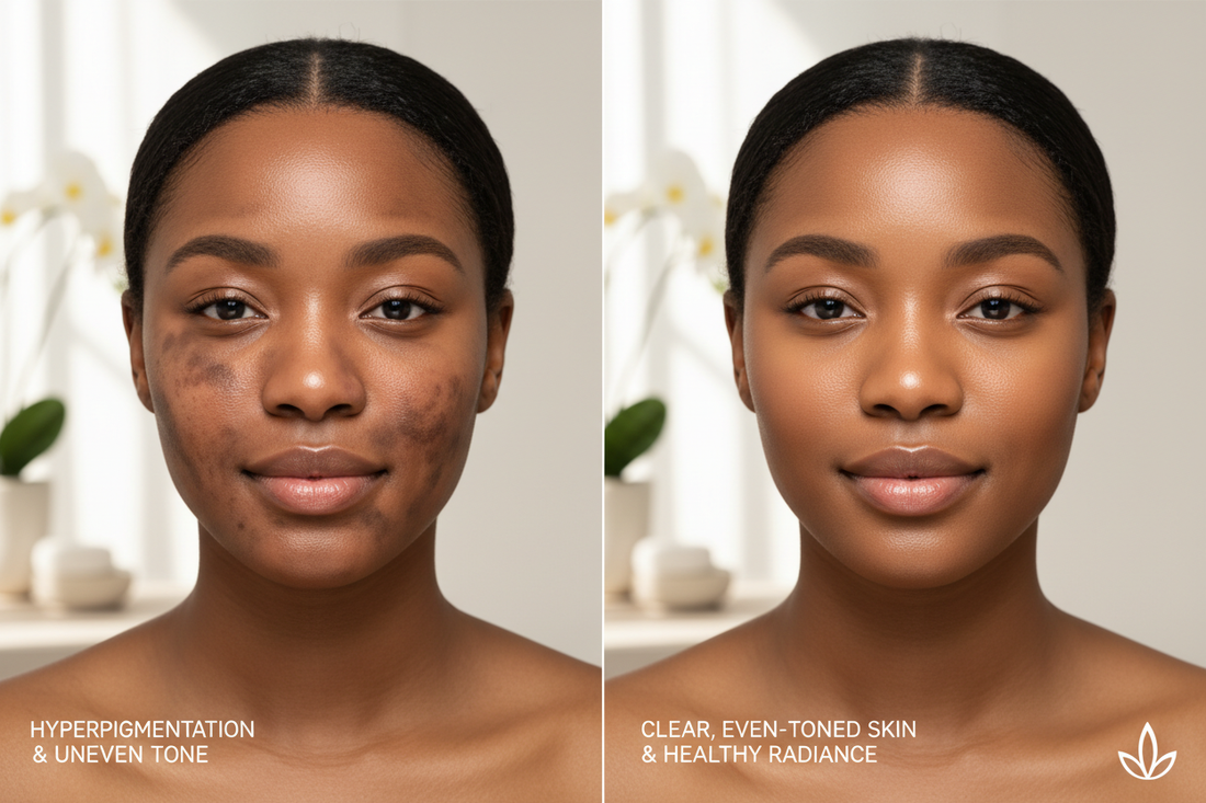 split picture of woman with skin discoloration versus picture of woman with clear radiant skin