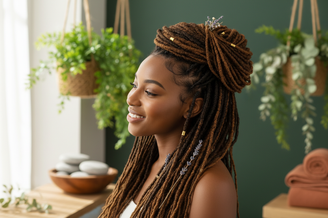 a girl with long loc'd hair smiling peacefully