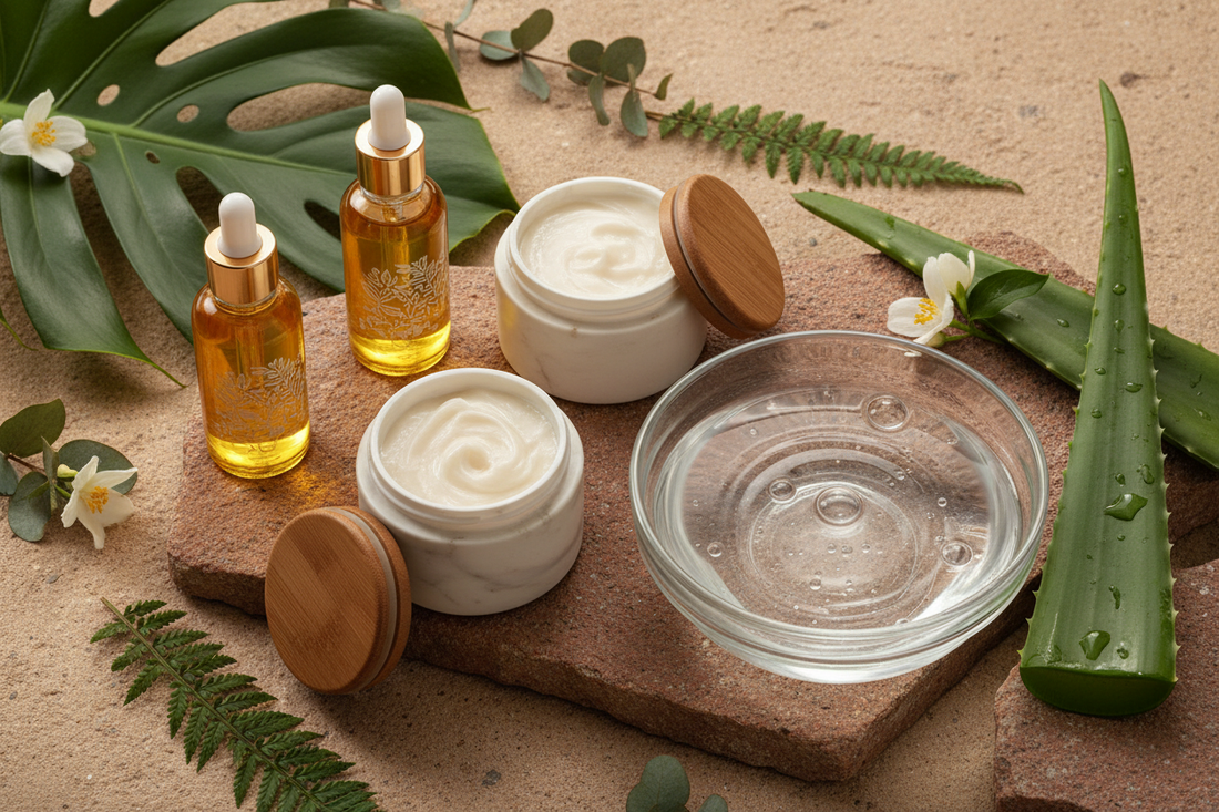 oils, body butters, water, and aloe vera 