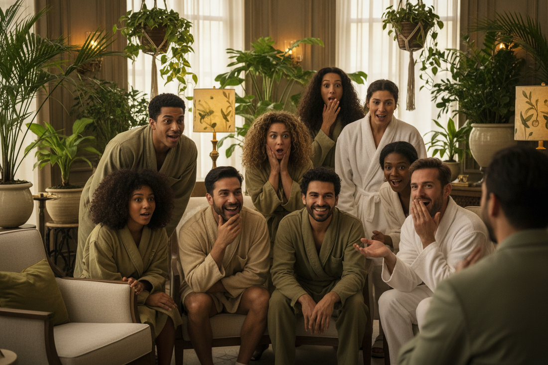 group of people smiling and wearing surprised expressions