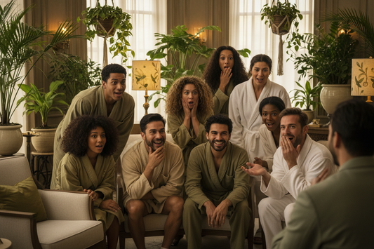 group of people smiling and wearing surprised expressions