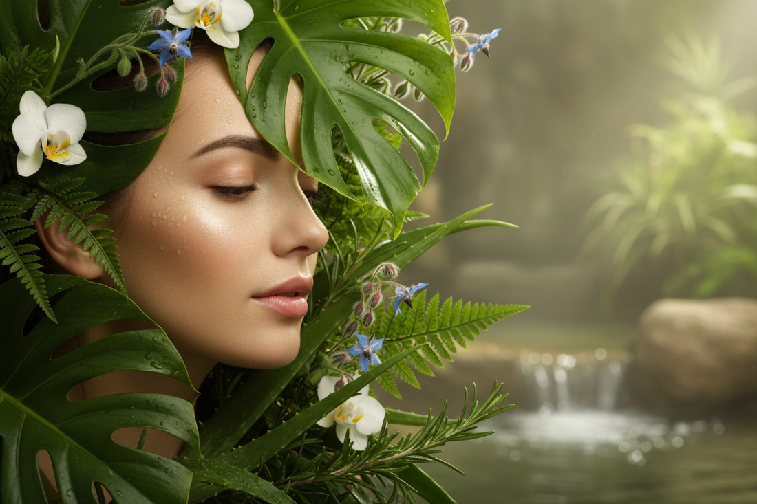girl with botanical hair in peaceful nature setting