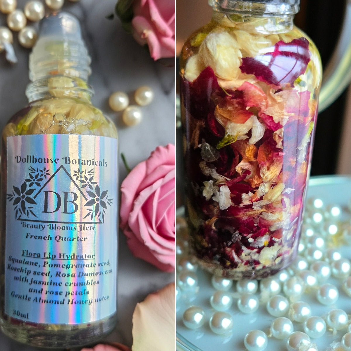 Bottle of Dollhouse Botanicals French Quarter Flora Lip Hydrator. Front and back photos. Oil with floating rose petals and jasmine buds in glass bottle. Bottle with label displayed, steel roller ball applicator.