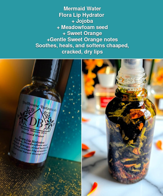 Left: Front facing oil in glass bottle, front facing with label displayed, in blue background.
Right: Back facing oil with floating dried orange lily and butterfly pea in glass bottle with steel roller ball applicator, sitting on marble vanity.
Top of photo: A blue square listing ingredients.