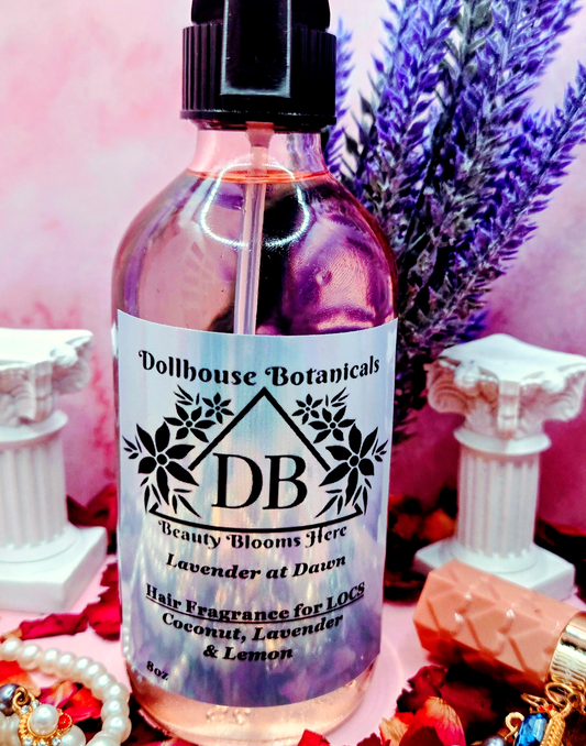 Dollhouse Botanicals Lavender at Dawn Hair Fragrance for locs botanical oil in pink glass bottle with black sprayer