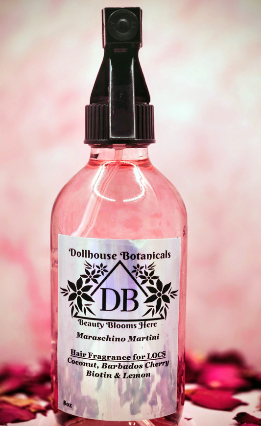 Dollhouse Botanicals Maraschino Martini Hair Fragrance for locs botanical oil in pink glass bottle with black sprayer