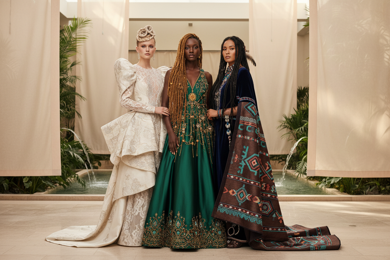 image of beautiful black woman, white woman, and native indian woman wearing extravagant outfits with long loc'd hair 